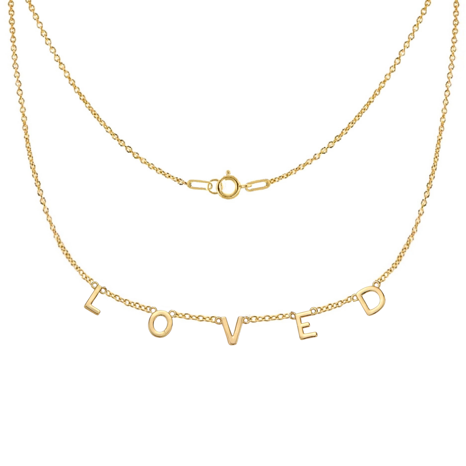 Gold-filled and sterling silver LOVED necklace by AMADI Jewelry, featuring a delicate chain and minimalist pendant.