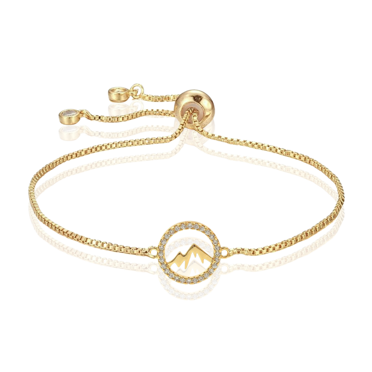 Adjustable Faith Moves Mountains bracelet by AMADI Jewelry in gold and silver with engraved inspirational message.