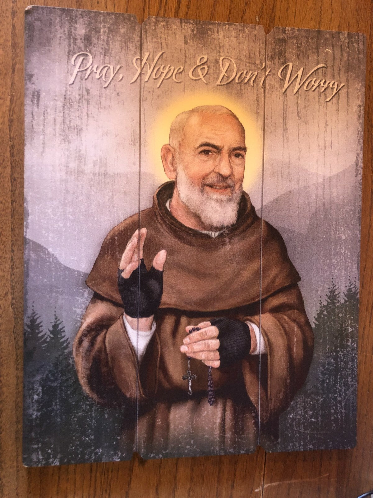 Padre Pio religious image on wood pallet plaque, Christian collectible from Bob and Penny Lord Journeys of Faith.