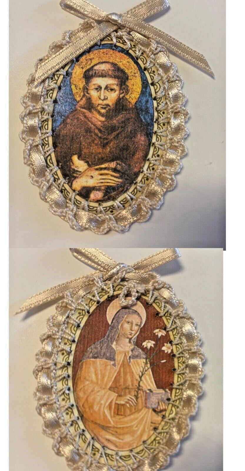 Saint Francis and Saint Clare of Assisi encased image with ribbon, Christian holy card, religious collectible from Journeys of Faith Italy.