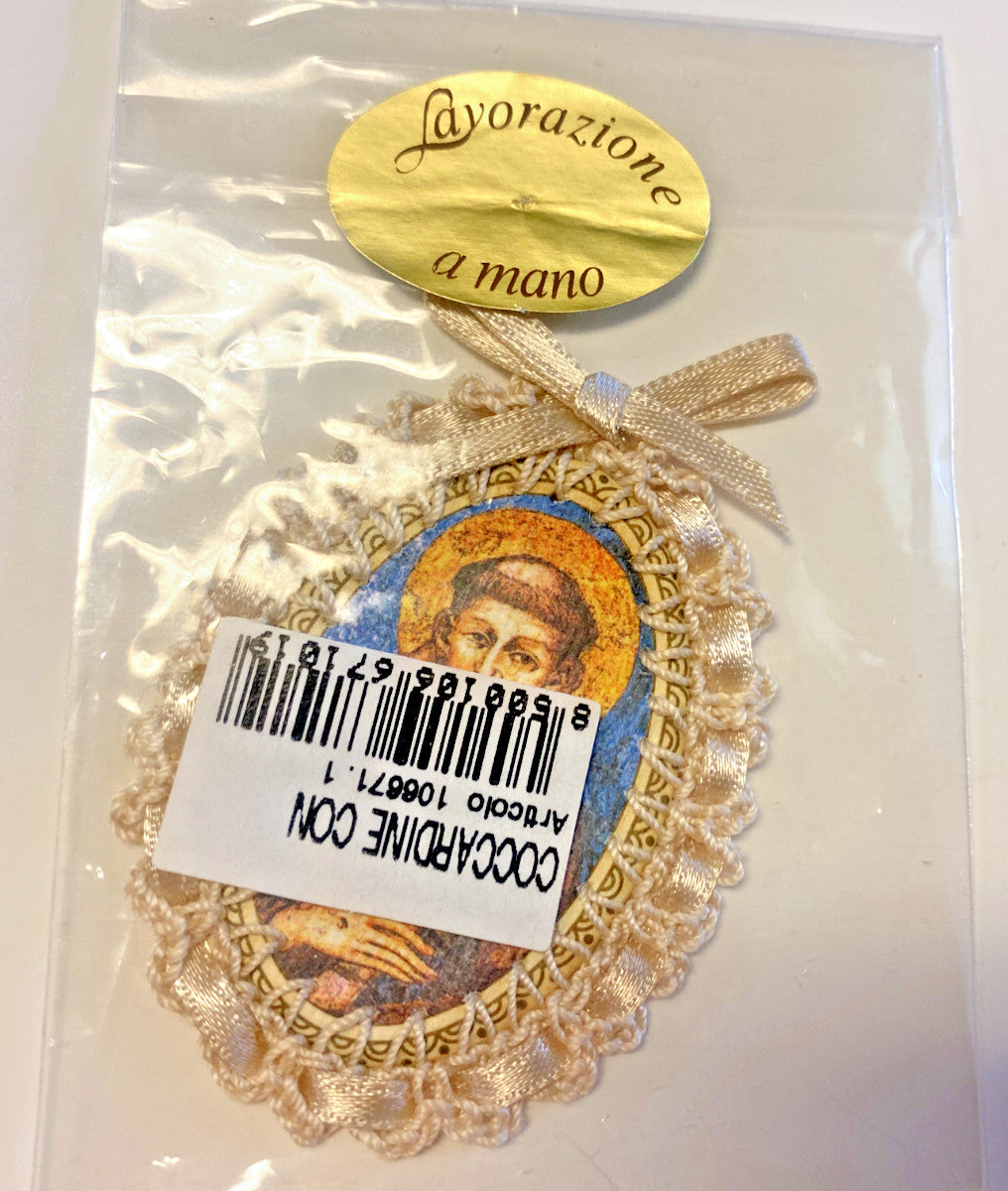 Encased image of Saint Francis and Saint Clare of Assisi with ribbon from Journeys of Faith, Christian Holy Card collectible from Italy.