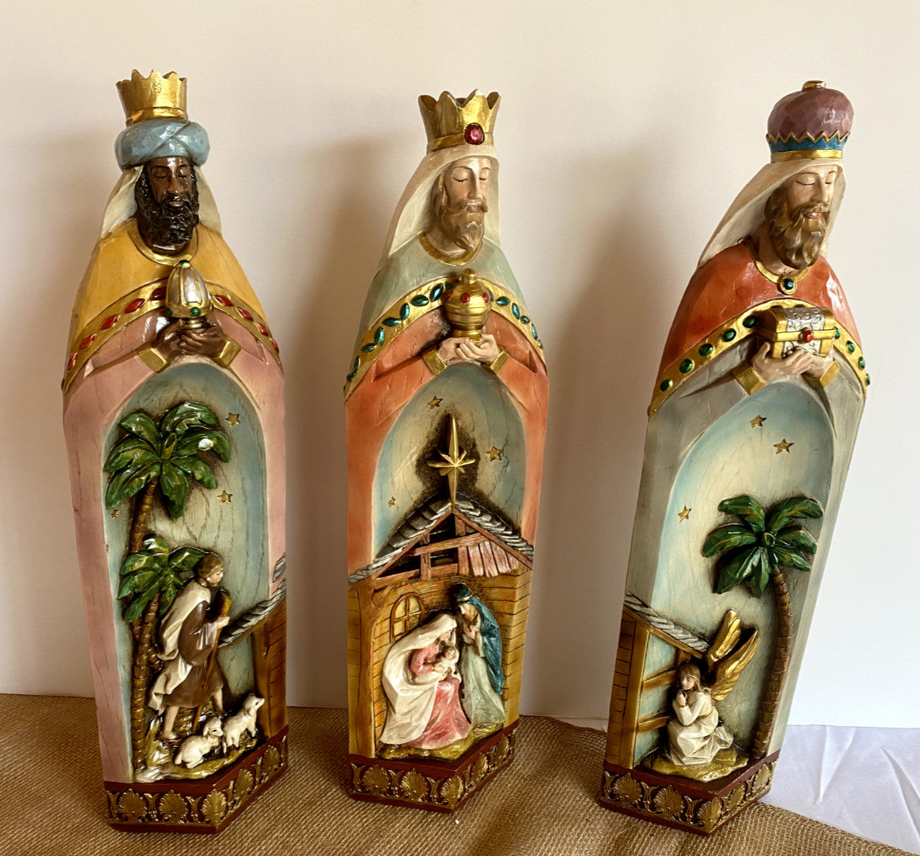 Handpainted 3-piece Nativity set with the 3 Wise Men from Journeys of Faith, featuring detailed holiday seasonal collectible figures.