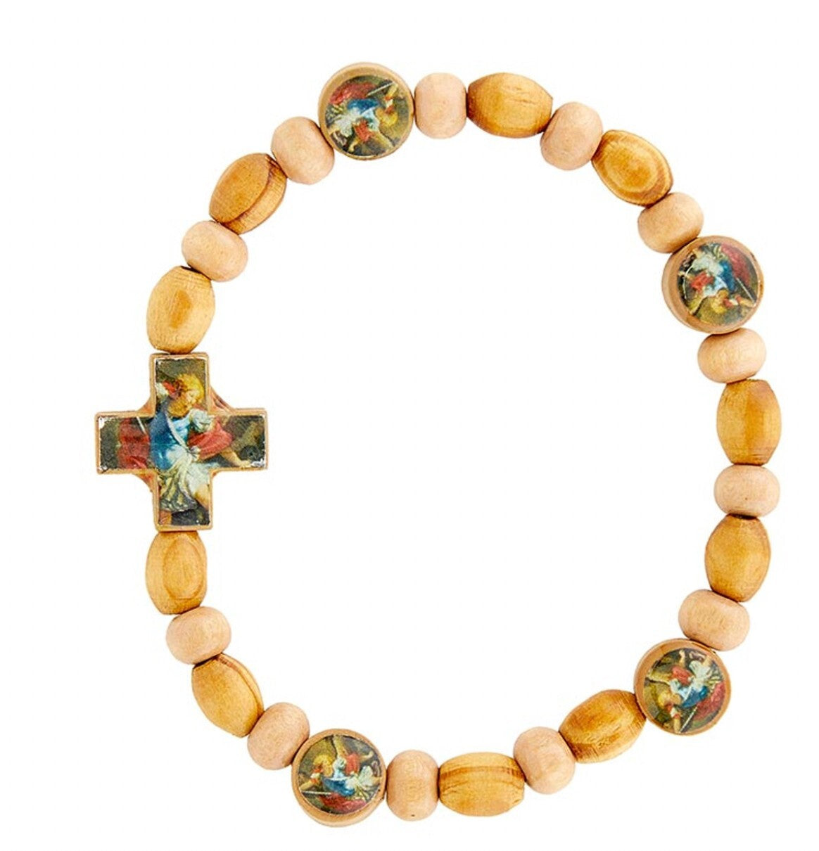 Wood bead bracelet featuring Saint Michael the Archangel charm, Christian religious jewelry by Bob and Penny Lord.