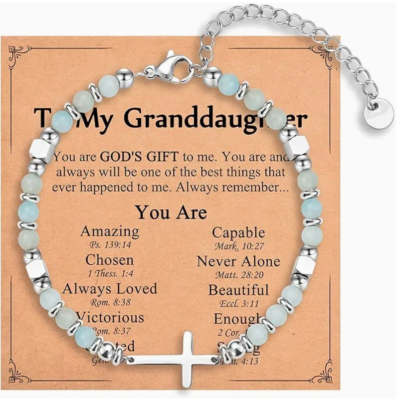 Gray and silver stone cross bracelet for granddaughter from Journeys of Faith, featuring a religious jewelry design and spiritual symbolism.
