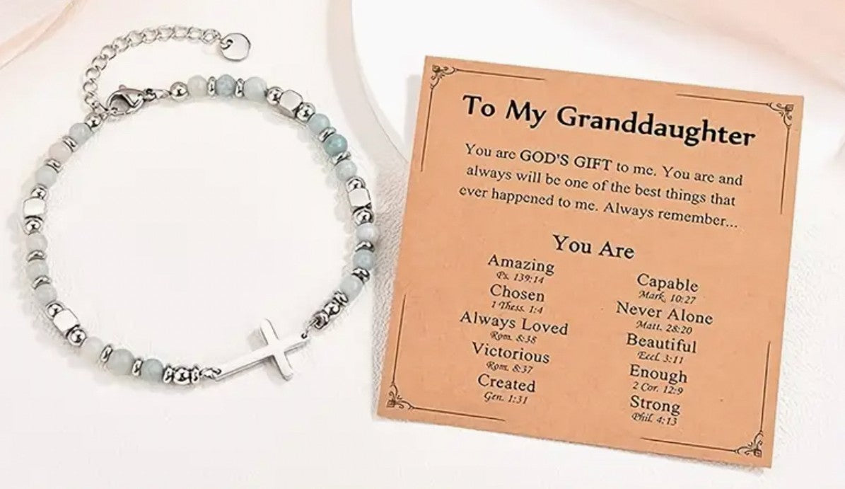 Gray and white stone cross bracelet for granddaughter by Journeys of Faith, featuring silver accents and religious jewelry design.