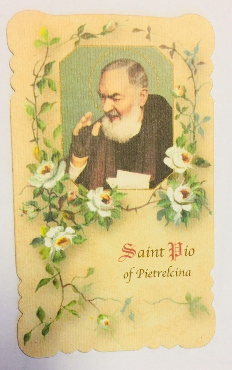 Padre Pio scalloped prayer card from San Giovanni Italy, Christian holy card with religious imagery, by Bob and Penny Lord.