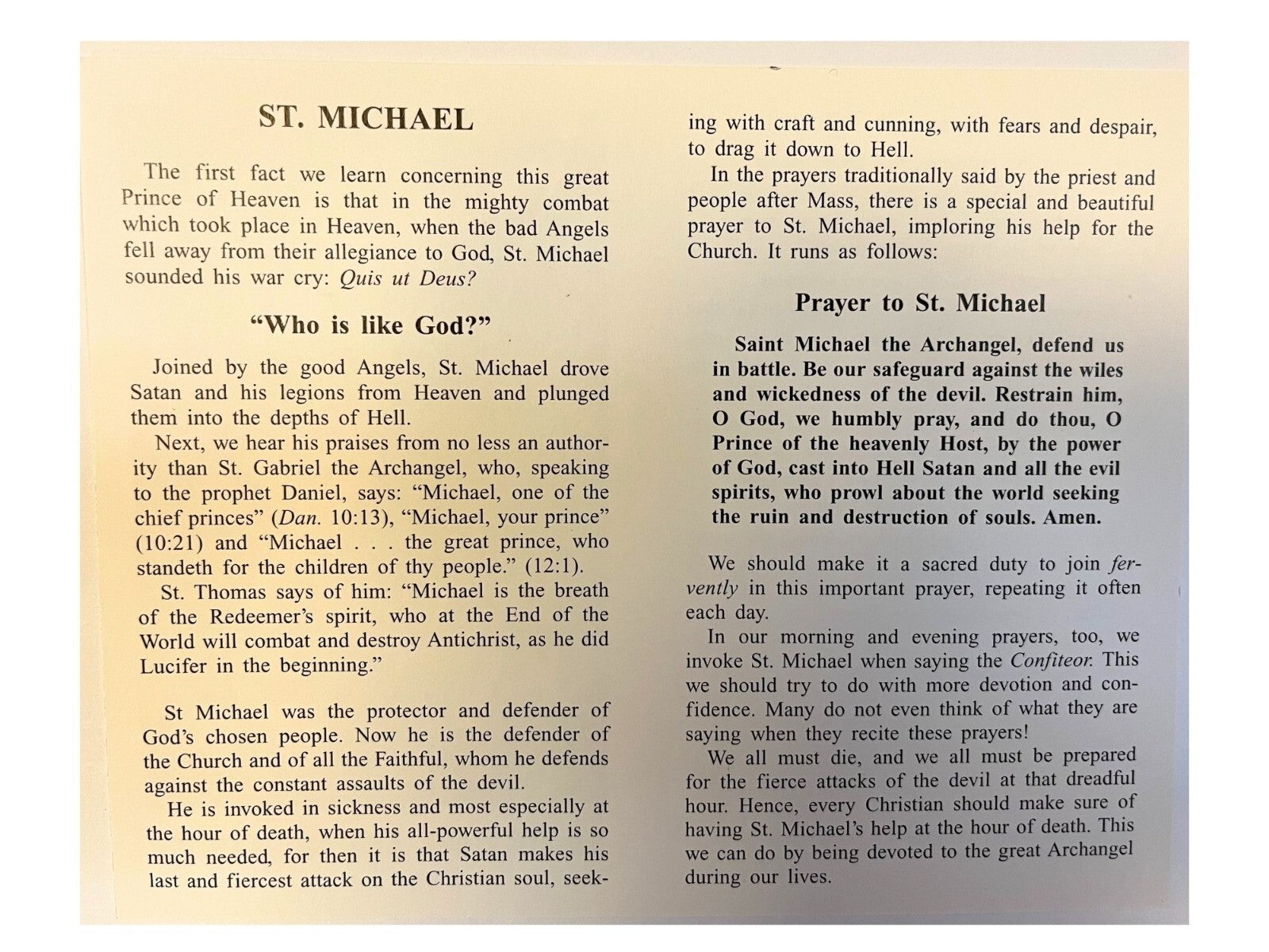 Saint Michael Prayer Card - Journeys of Faith