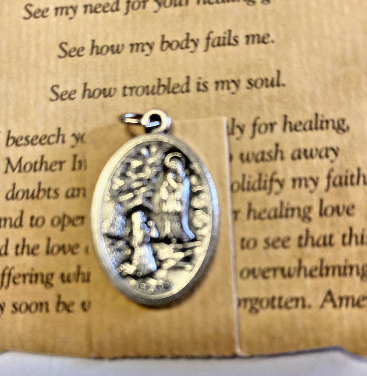 Our Lady of Lourdes "Suffering Illness Prayer" Card + Medal, New from Italy - Journeys of Faith