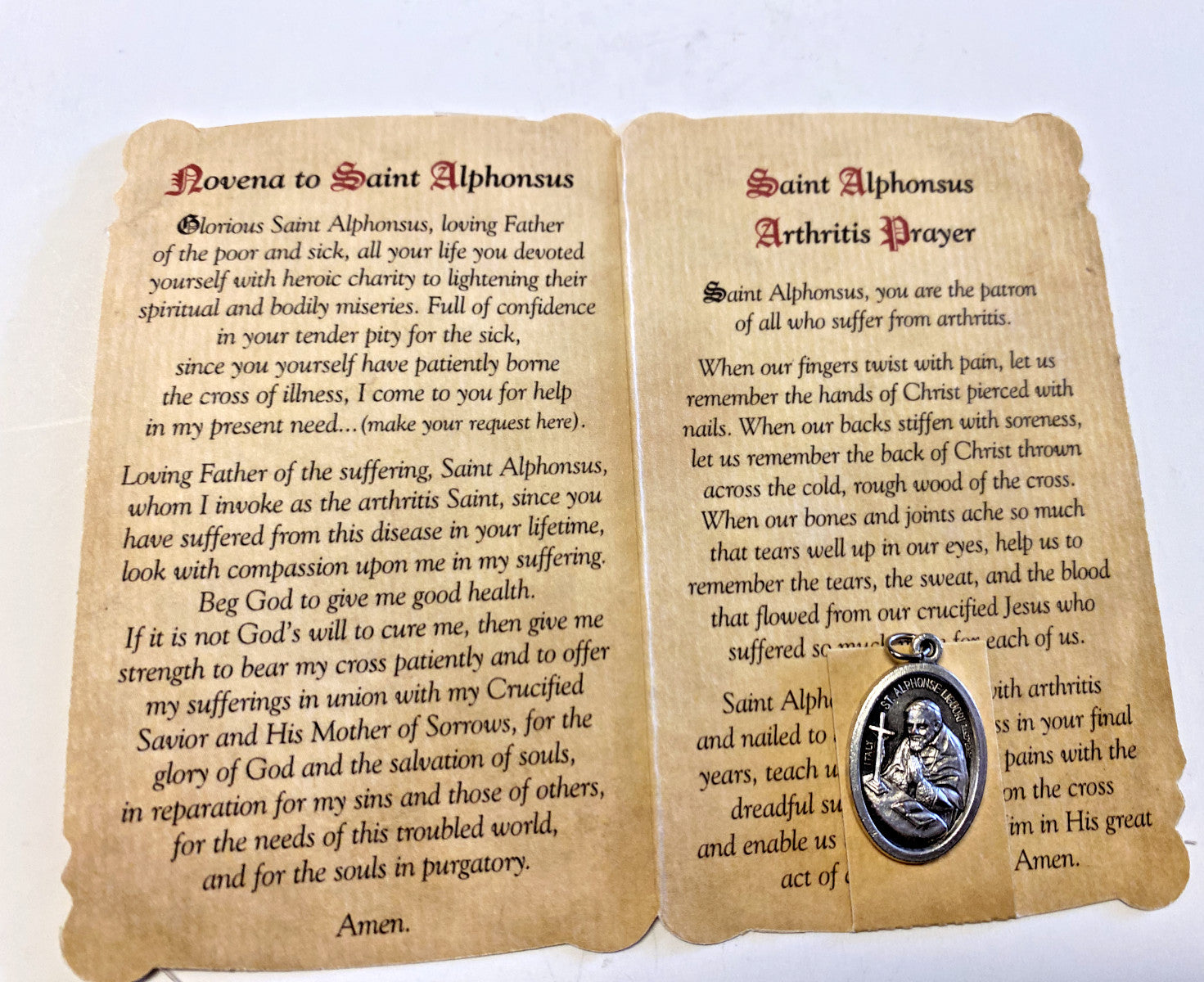 Saint Alphonsus Ligouri "Arthritis Prayer" Card + Medal, New from Italy - Journeys of Faith
