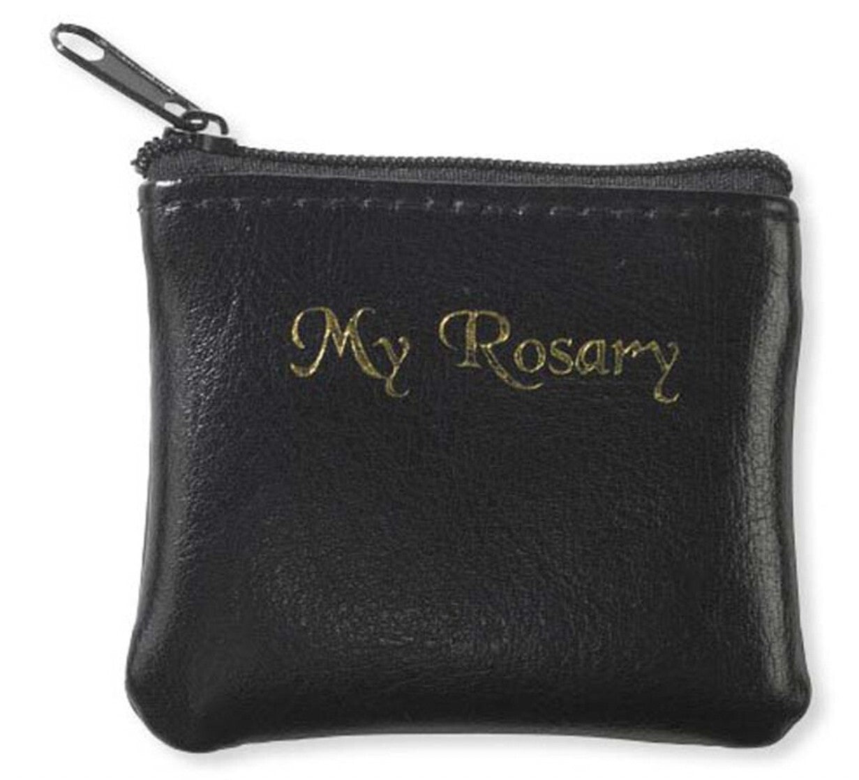 Black leather rosary pouch with embossed Christian cross, designed for storing rosaries, by Bob and Penny Lord Journeys of Faith.