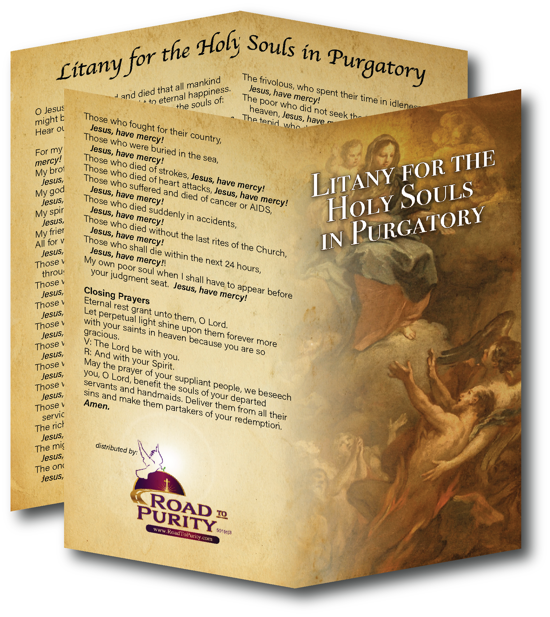 NEW! Litany for Holy Souls in Purgatory  - Prayer Card / 3" x 6" folded (c) - Journeys of Faith