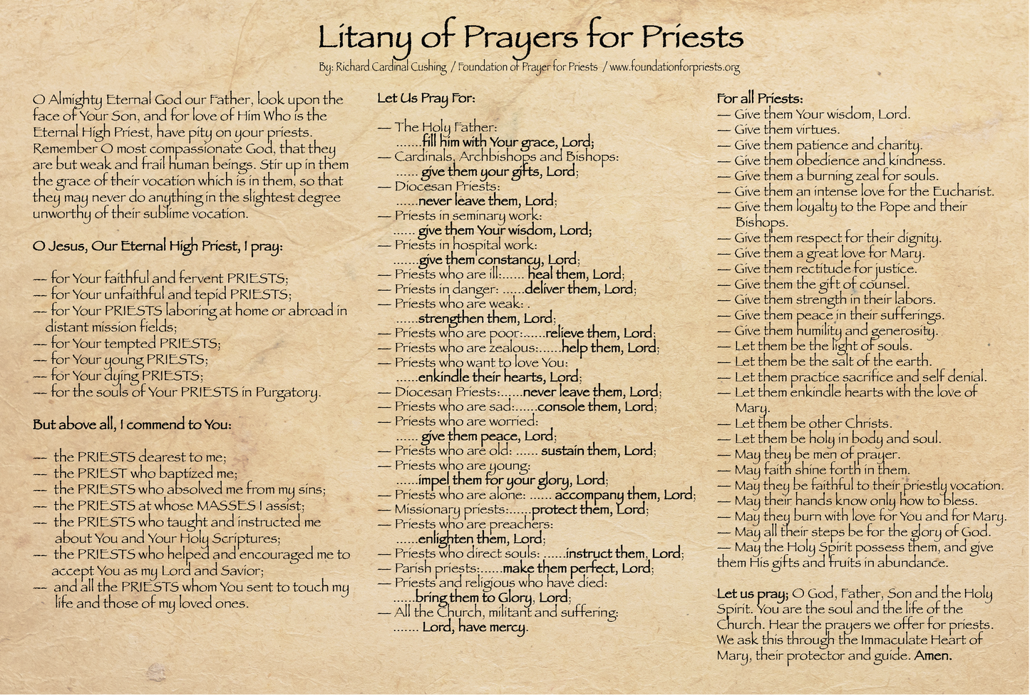 NEW! Litany of Prayers for Priests  - Prayer Card / 3" x 6" folded (c) - Journeys of Faith