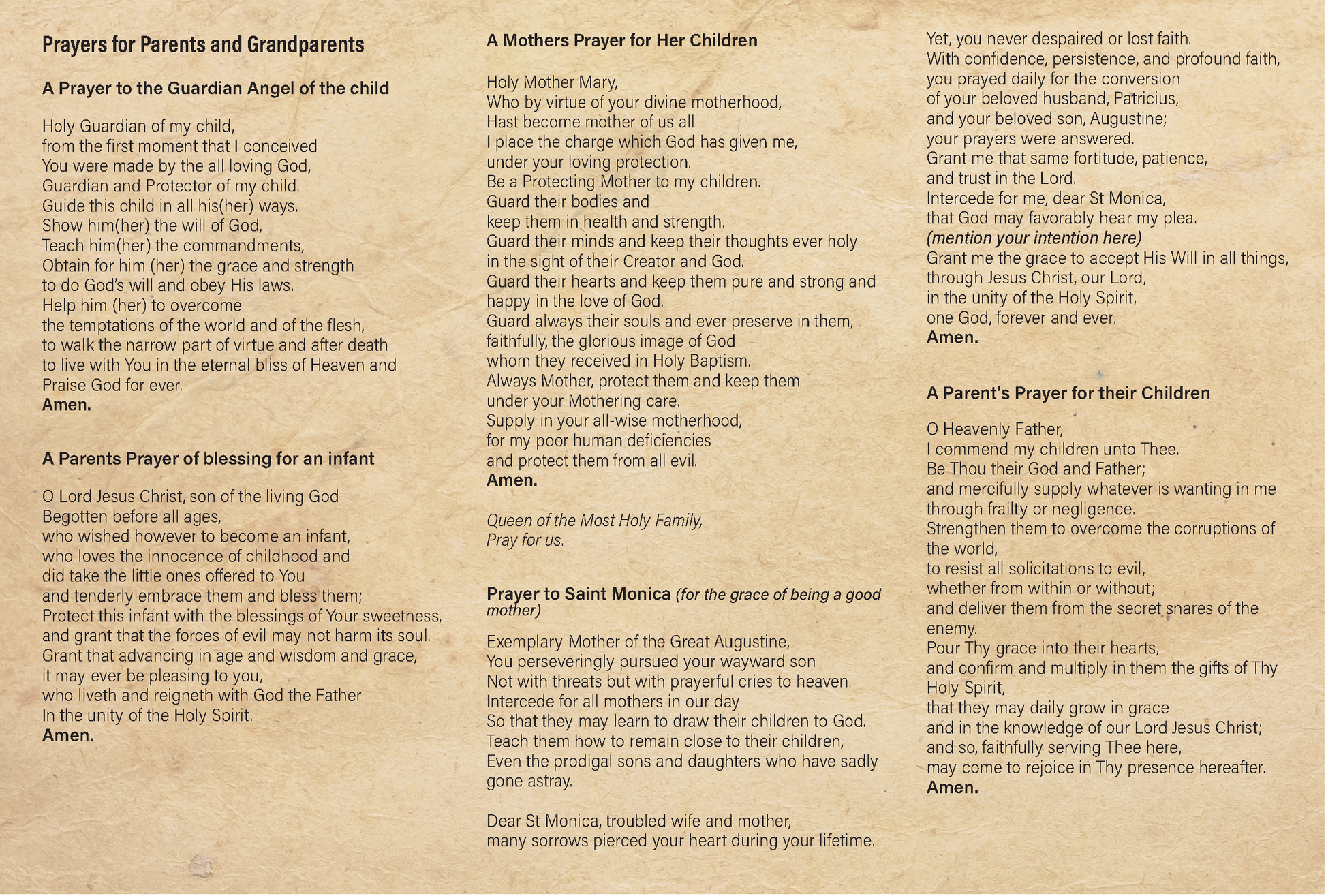 Prayers for Parents and Grandparents  - Prayer Card / 3" x 6" folded (c) - Journeys of Faith