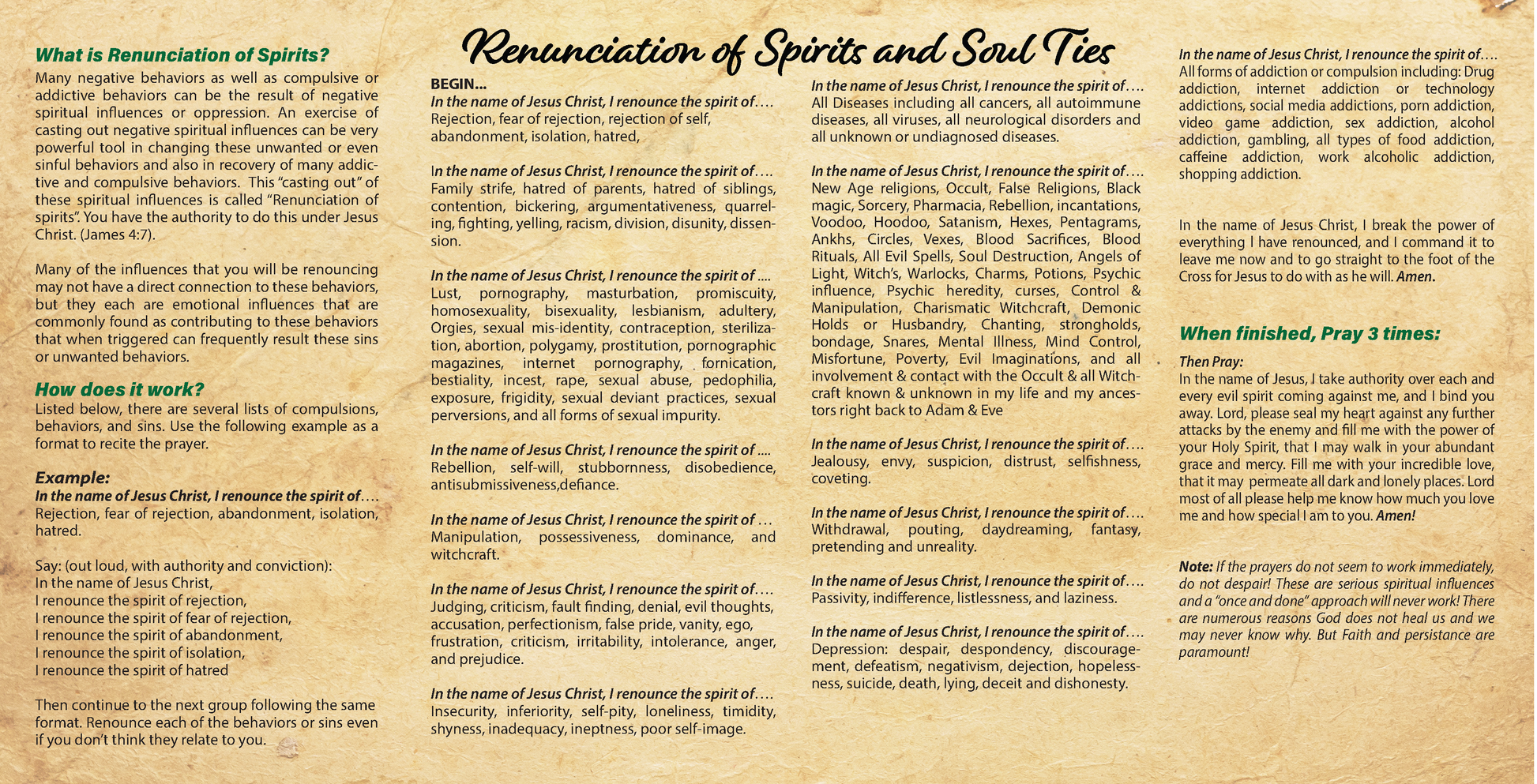 NEW! Renunciation of Spirits and Soul Ties - Prayer Card / 3" x 6" folded (c) - Journeys of Faith