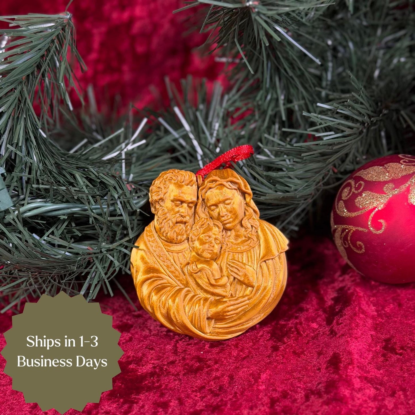 Holy Family Christmas ornament from St. Augustine Prints, featuring a detailed depiction of Mary, Joseph, and baby Jesus.
