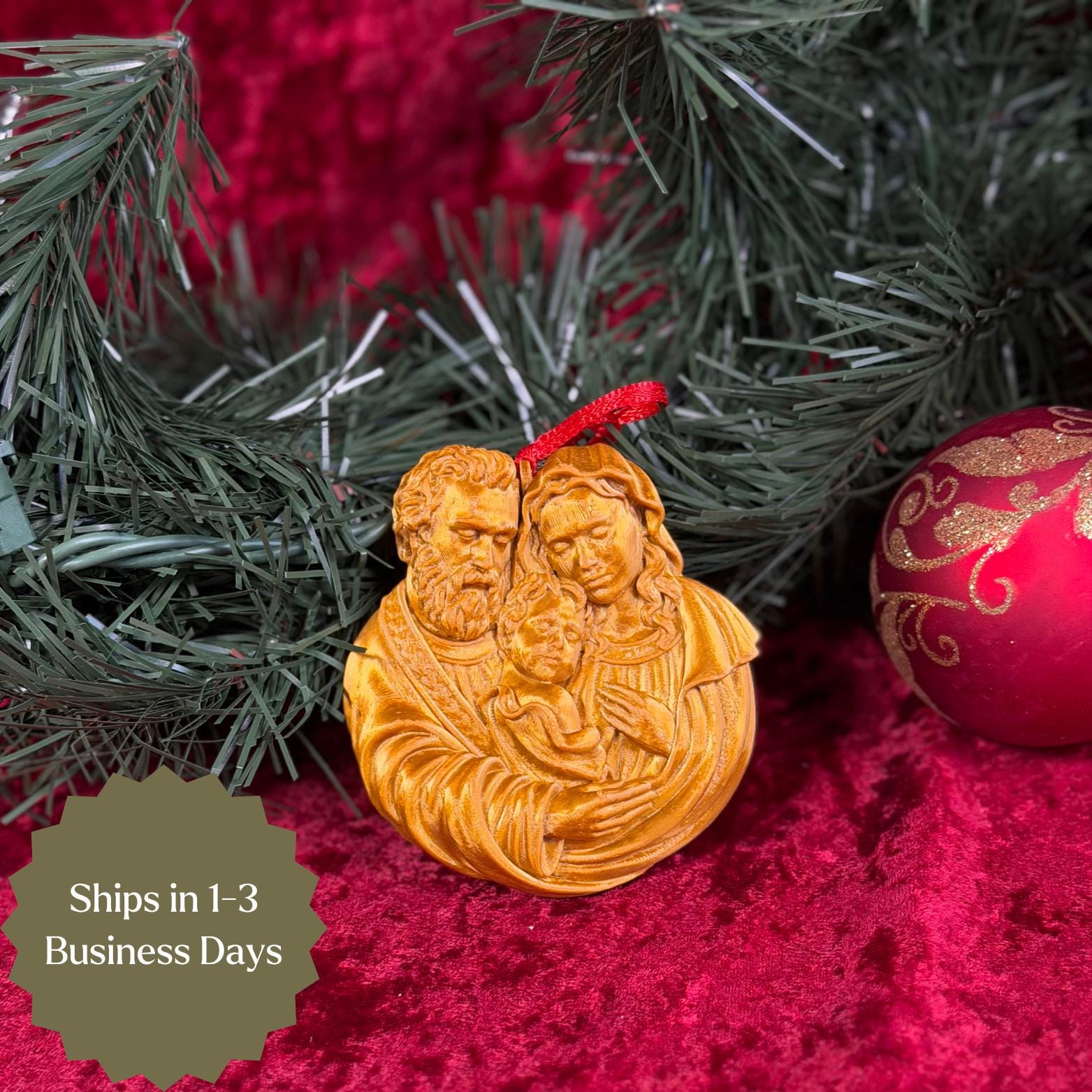 Holy Family Christmas ornament from St. Augustine Prints, featuring a detailed depiction of Mary, Joseph, and baby Jesus.