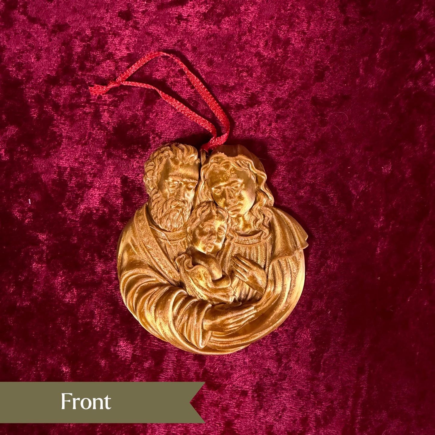 Holy Family Christmas ornament by St. Augustine Prints featuring a detailed depiction of the Nativity scene in a festive design.