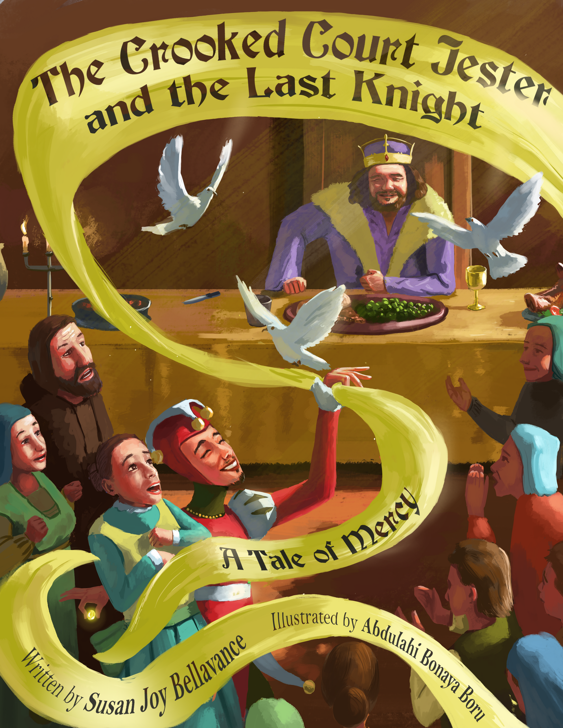 Illustration of a jester and a knight from "The Crooked Court Jester and the Last Knight" by St. Augustine Prints, detailed artwork.
