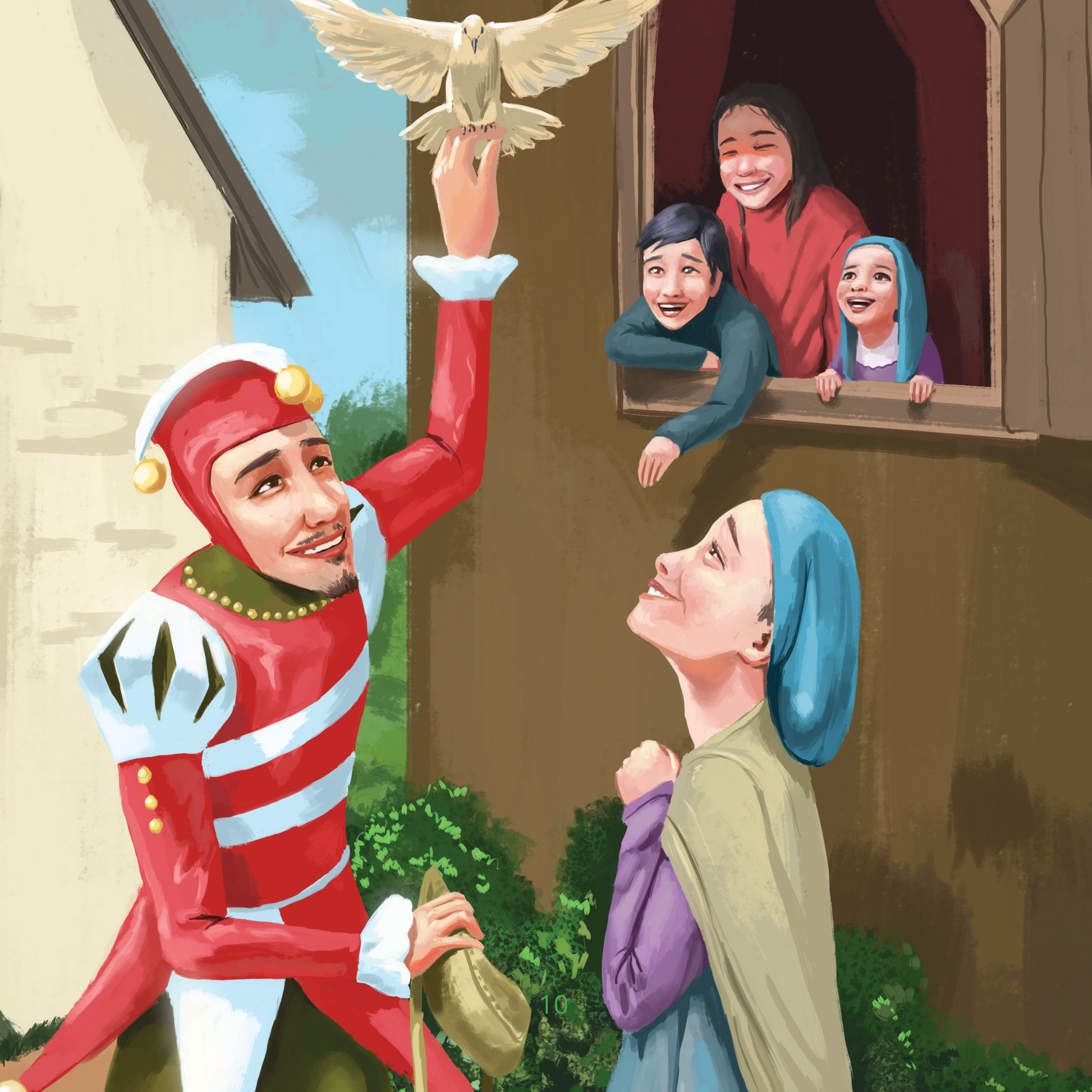 Colorful illustration of a jester and knight from "The Crooked Court Jester and the Last Knight" by St. Augustine Prints.