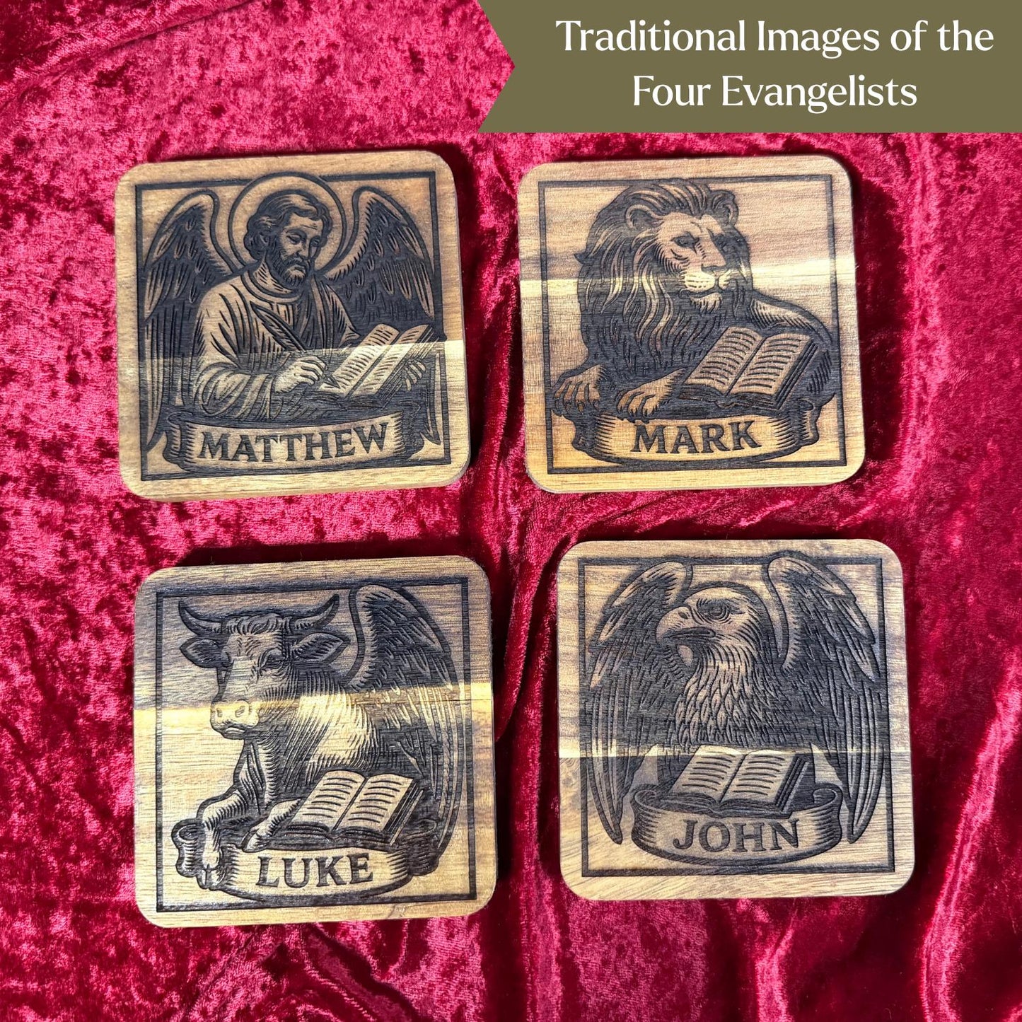 Set of wooden evangelist coasters with religious artwork, part of the St. Augustine Prints coaster collection.