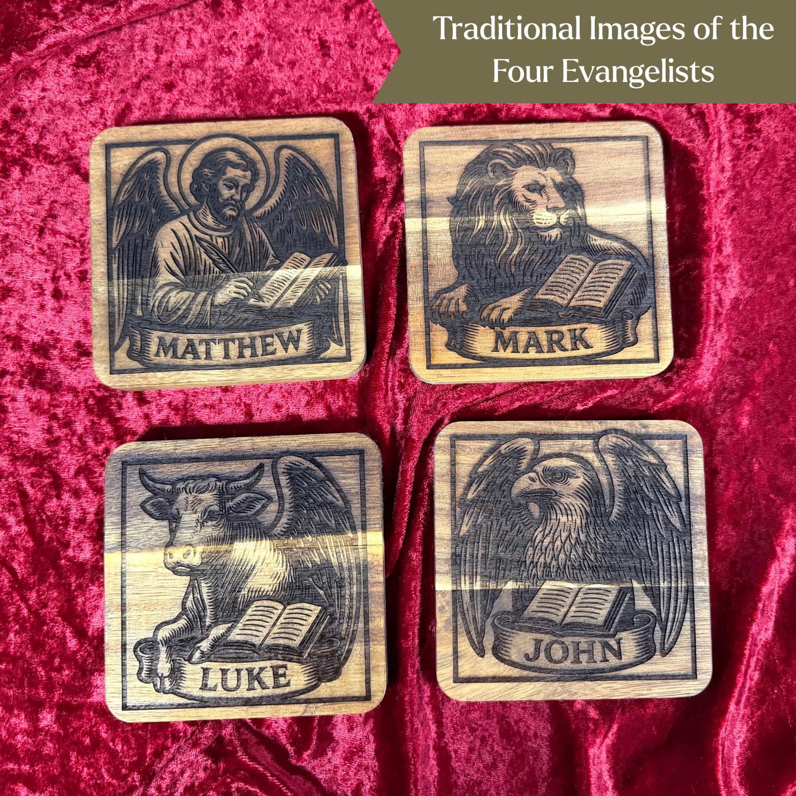 Set of wooden evangelist coasters with religious artwork, part of the St. Augustine Prints coaster collection.