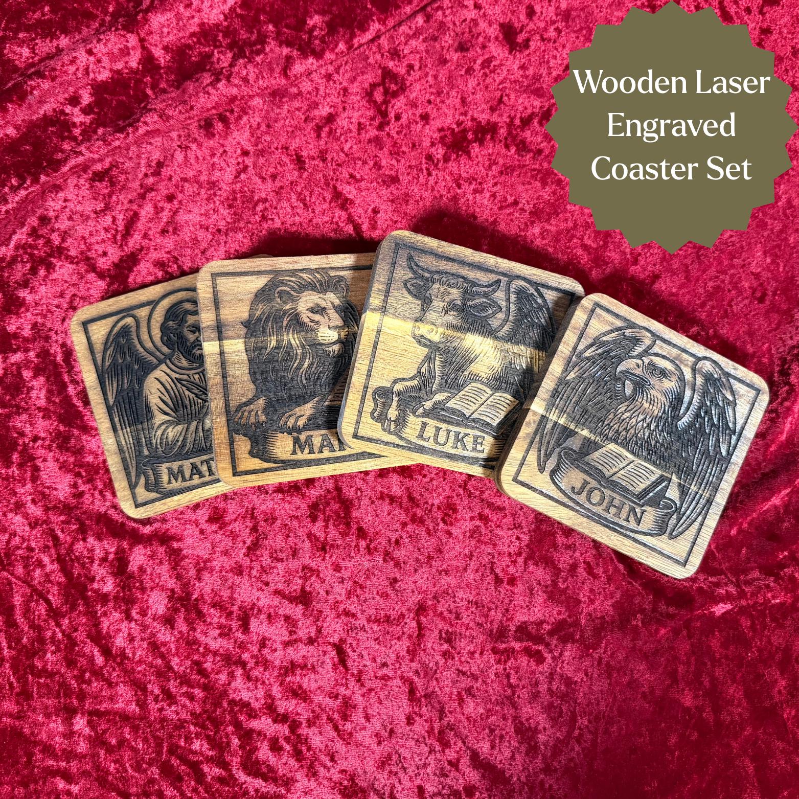 Wooden evangelist coaster set featuring religious Christian symbols and St. Augustine Prints branding on natural wood coasters.