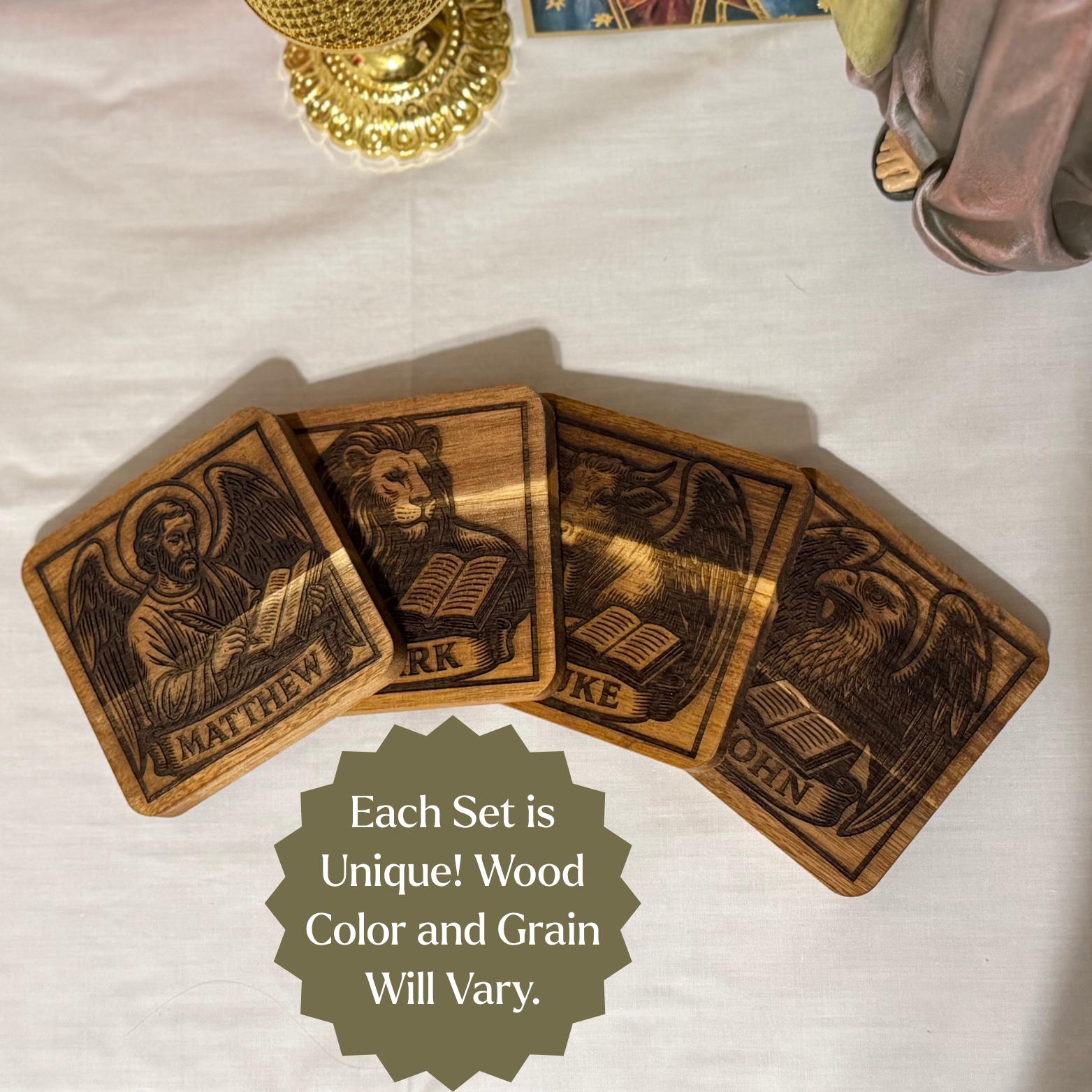 Wooden Evangelist coaster set with engraved religious design, made by St. Augustine Prints, featuring four natural wood coasters.