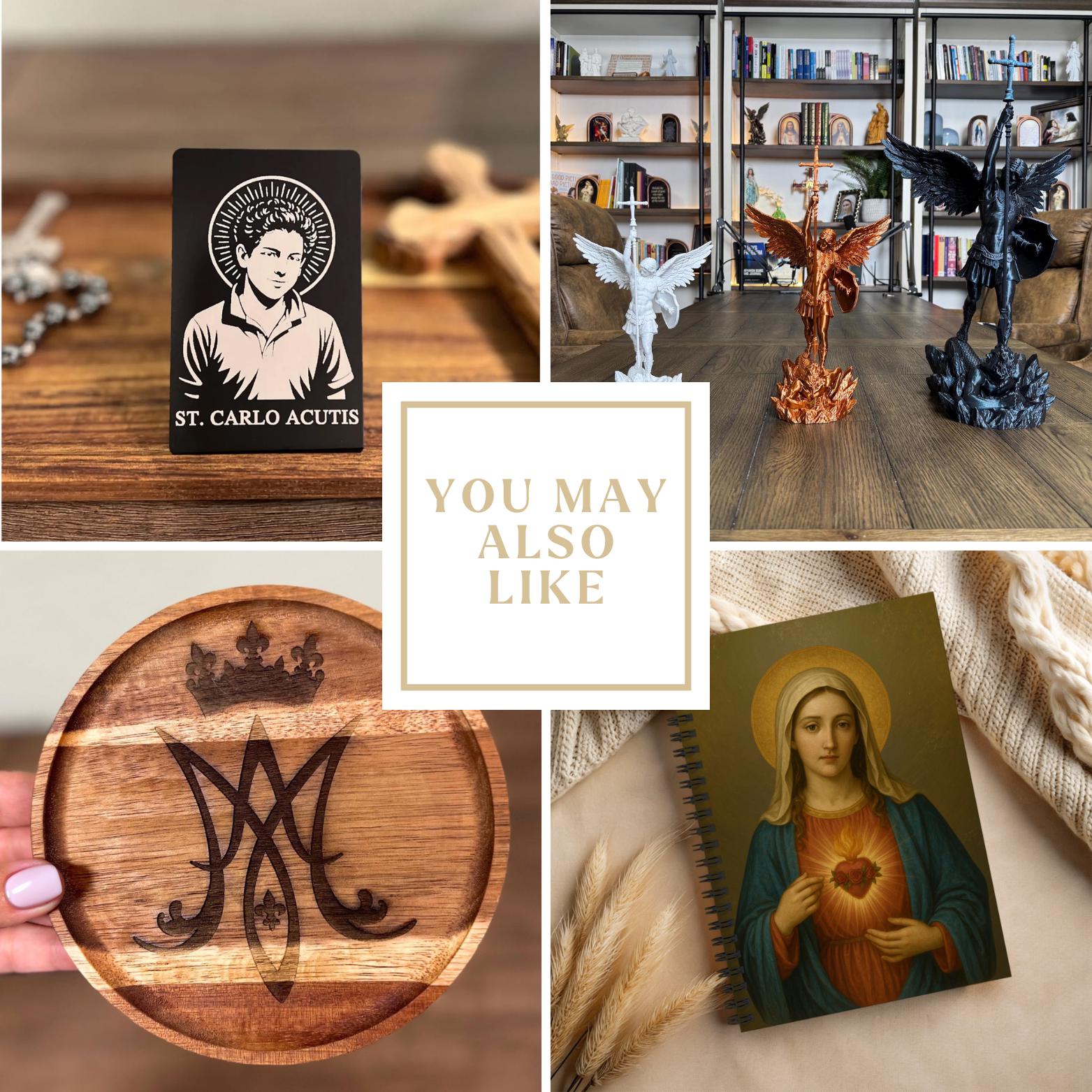 Set of wooden evangelist coasters with religious Christian design, featuring engraved biblical symbols and St. Augustine Prints branding