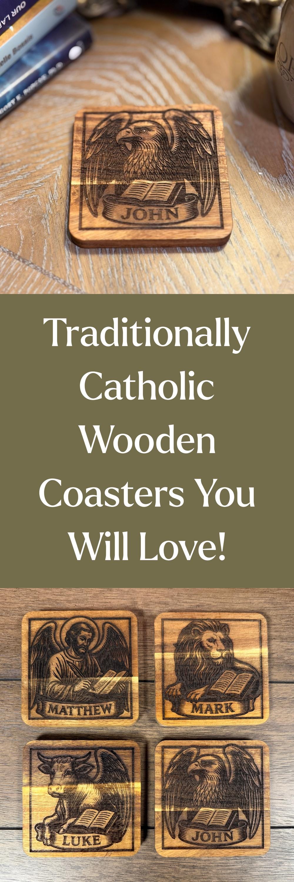 Wooden Evangelist coaster set by St. Augustine Prints featuring religious Christian symbols on handcrafted wooden coasters.