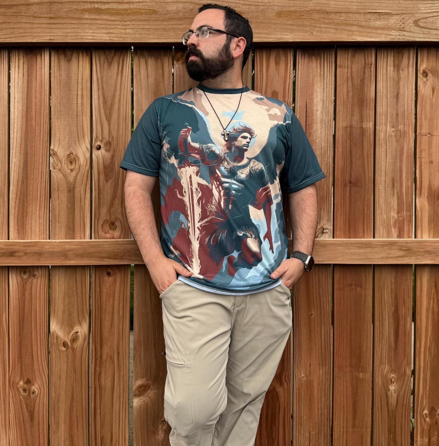 Saint Michael T-shirt by St. Augustine Prints featuring a detailed graphic of Saint Michael the Archangel on front.