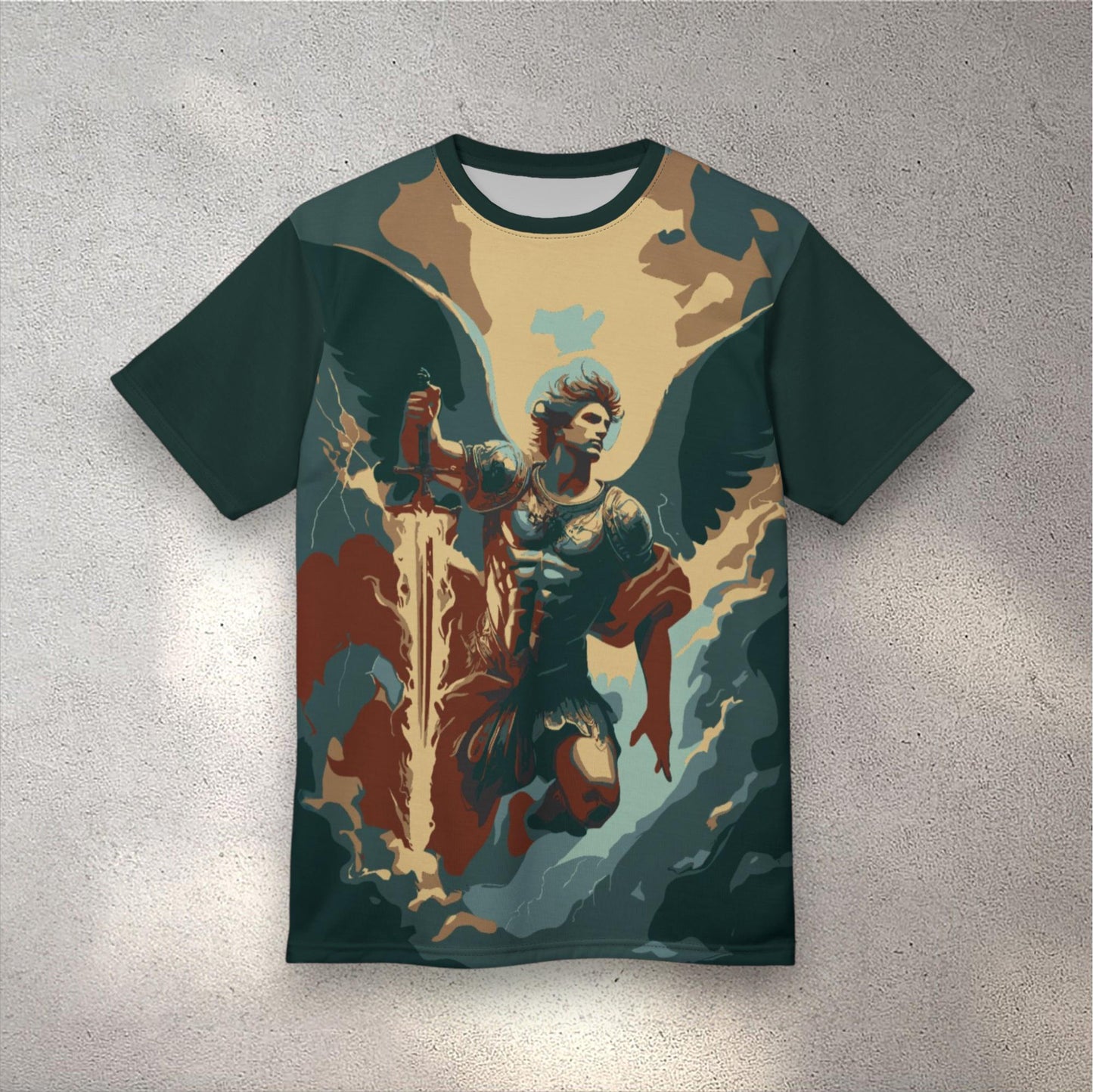 Saint Michael T-shirt by St. Augustine Prints featuring a detailed graphic of Saint Michael in vibrant colors.