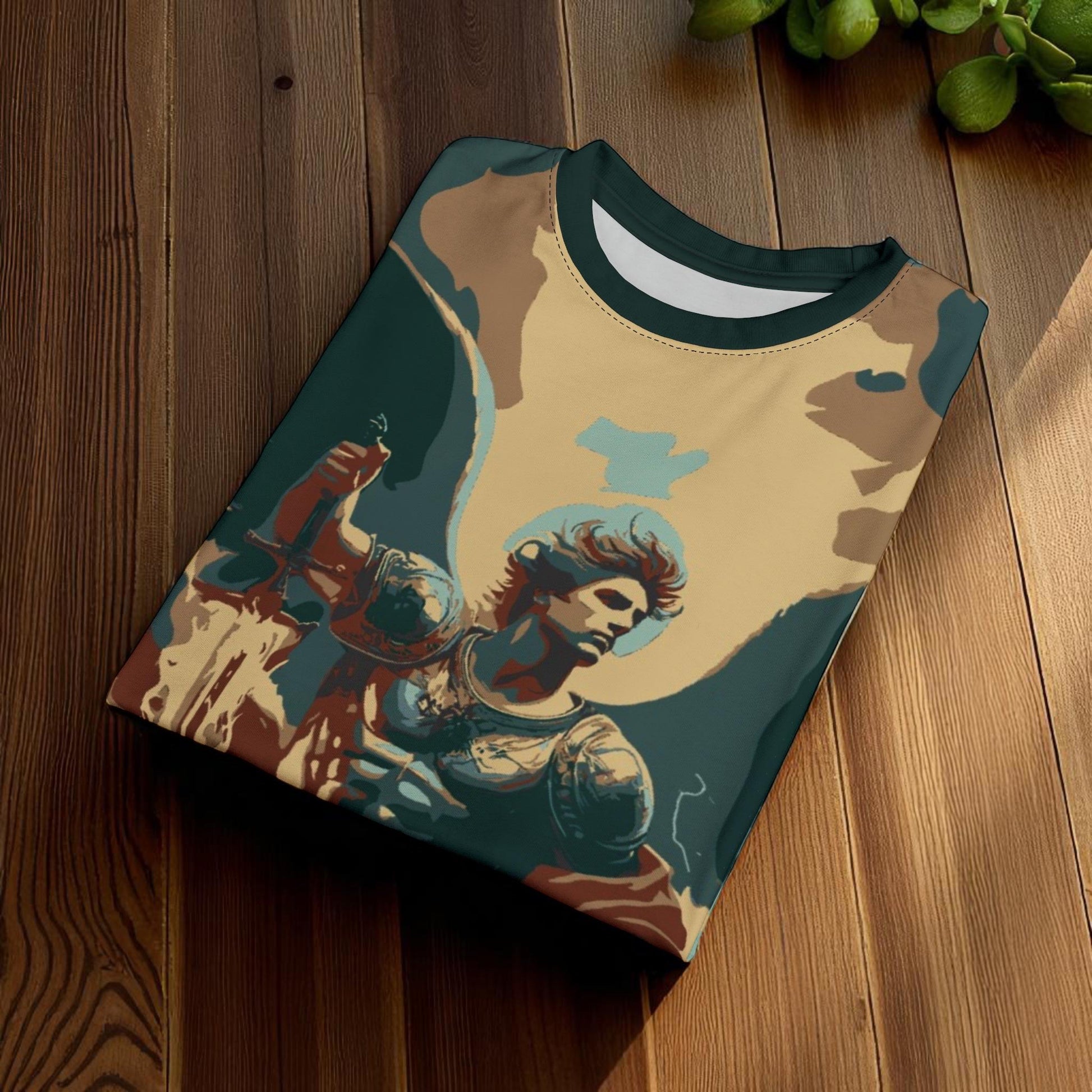 Saint Michael T-shirt by St. Augustine Prints featuring a detailed graphic of Saint Michael the Archangel on a casual black shirt.