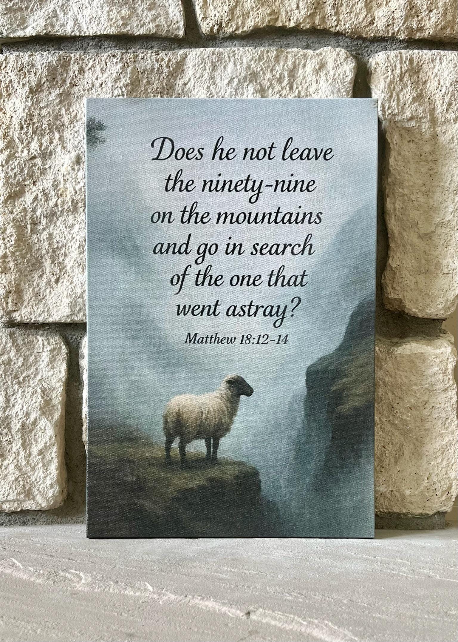 Biblical canvas wall art featuring Matthew 18:12-14 with religious design from St. Augustine Prints