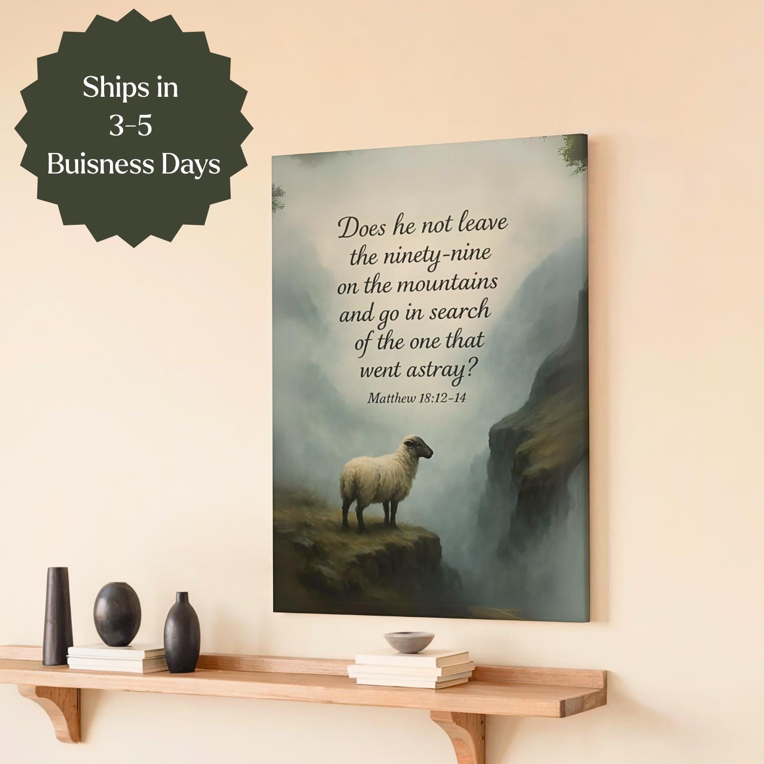 Biblical canvas wall art featuring Matthew 18:12-14 with religious imagery, by St. Augustine Prints for spiritual home decor.
