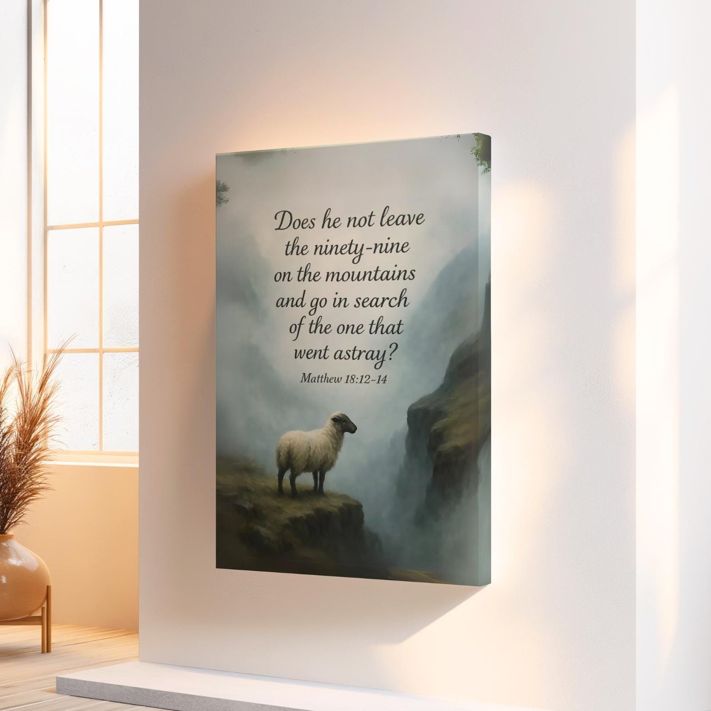 Biblical canvas wall art featuring Matthew 18:12-14 by St. Augustine Prints, with a serene landscape and inspirational scripture design.
