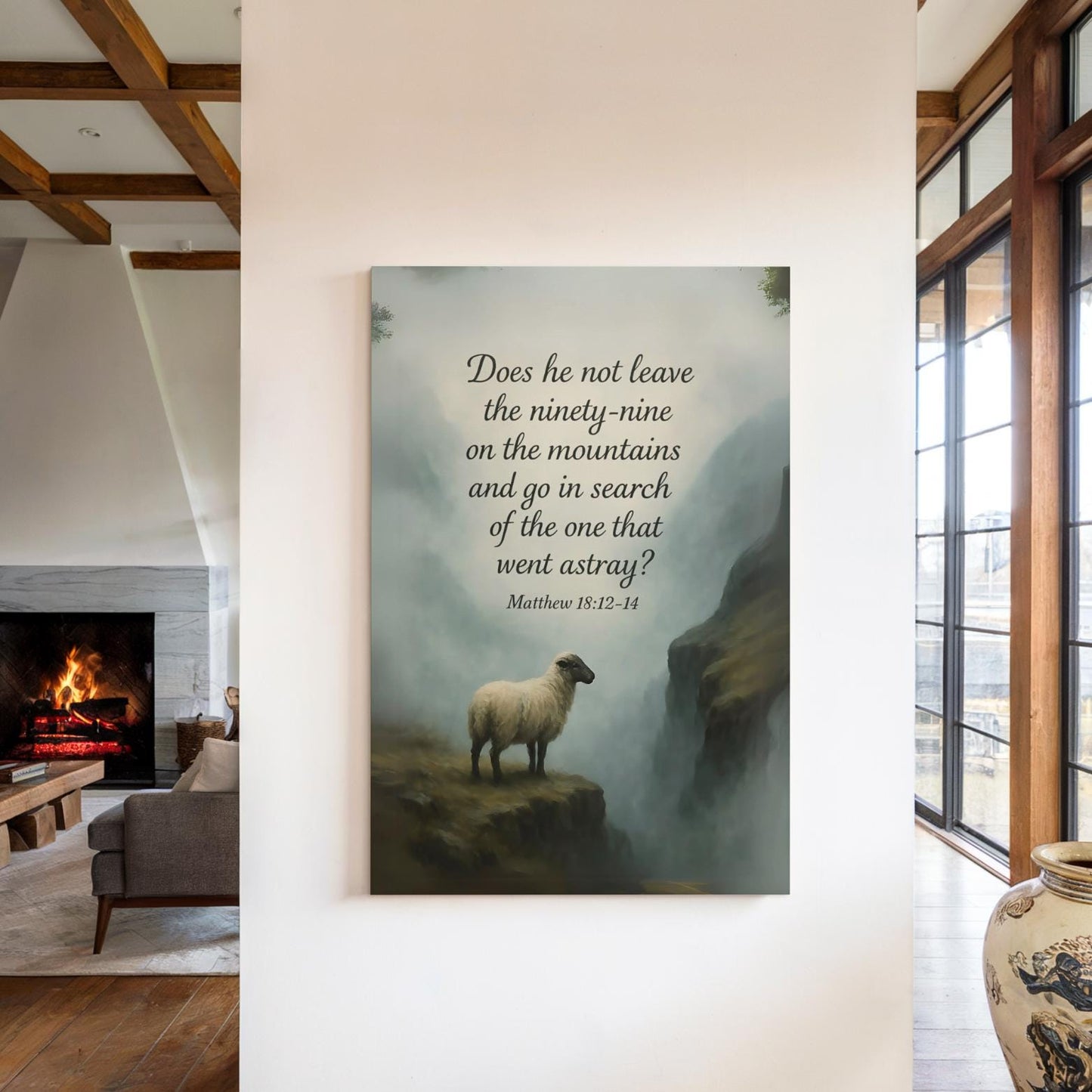 Biblical canvas wall art featuring Matthew 18:12-14 with religious scene, by St. Augustine Prints for home decor.