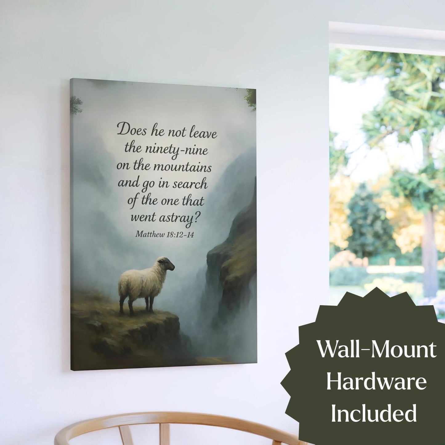Biblical canvas wall art featuring Matthew 18:12-14 with religious imagery, by St. Augustine Prints, suitable for home decor.