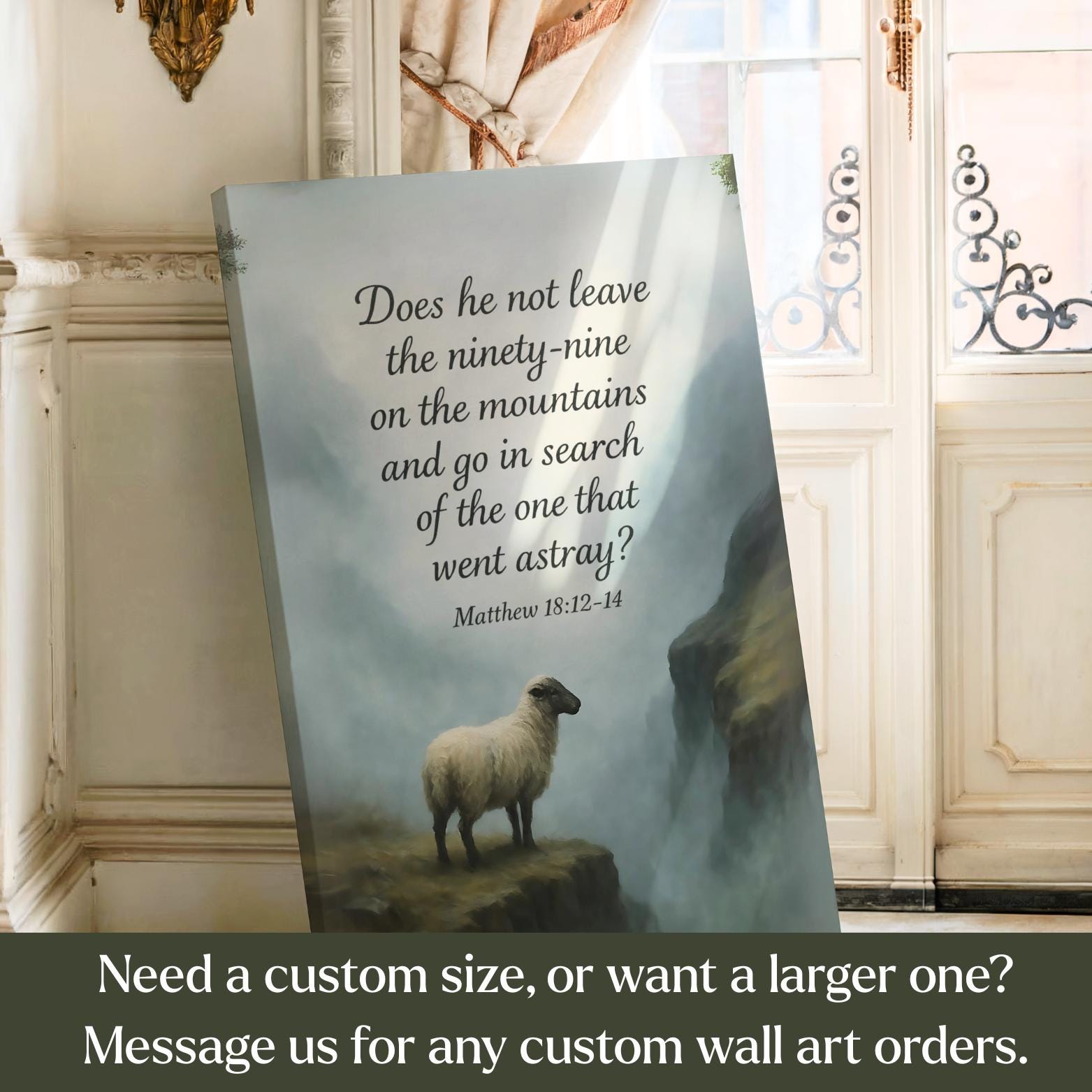 Biblical canvas wall art featuring Matthew 18:12-14 with religious design by St. Augustine Prints.