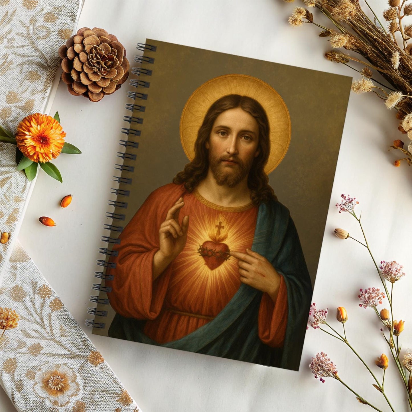 Sacred Heart of Jesus journal with religious artwork cover, featuring detailed illustration and inspirational design by St. Augustine Prints.