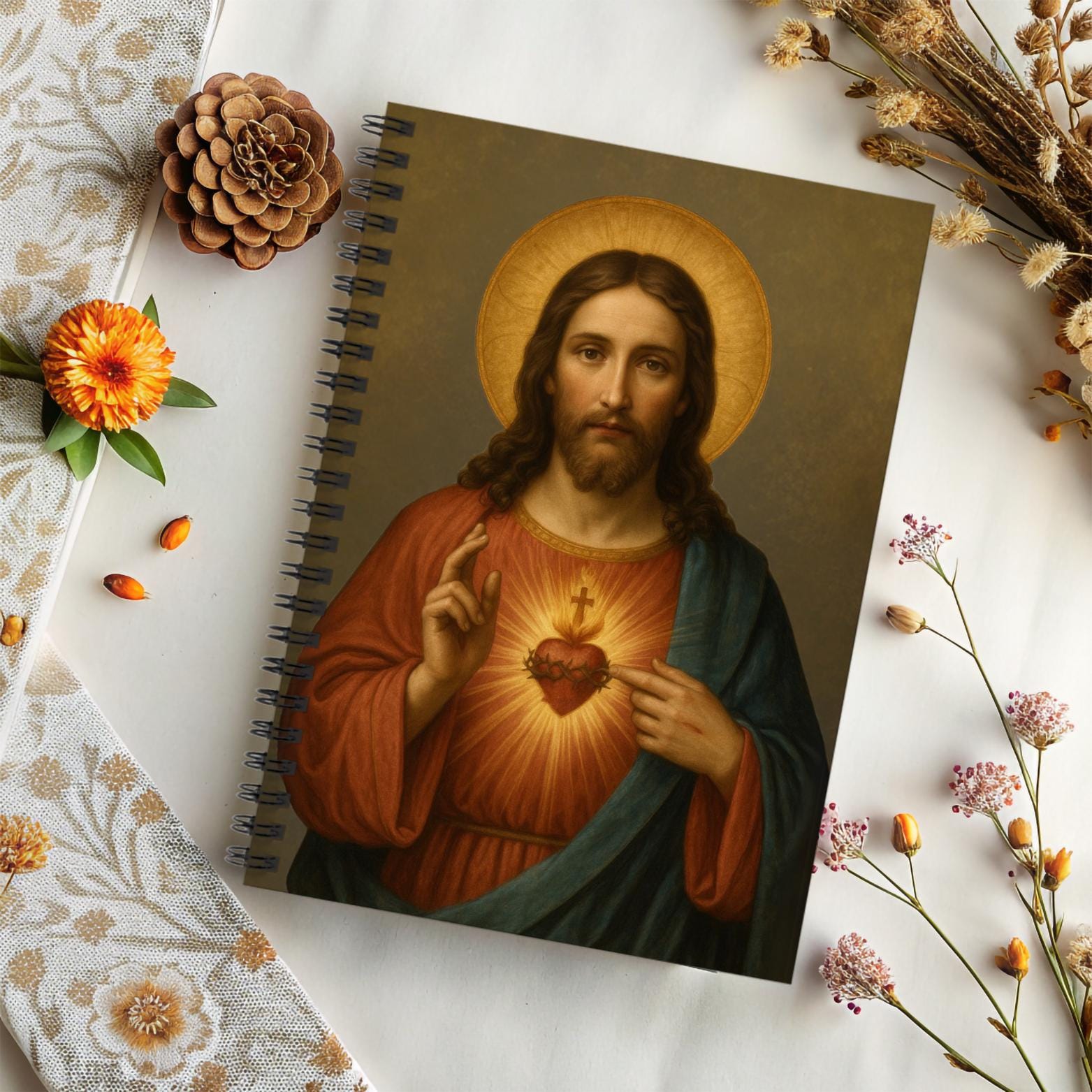 Sacred Heart of Jesus journal with religious artwork cover, featuring detailed illustration and inspirational design by St. Augustine Prints.