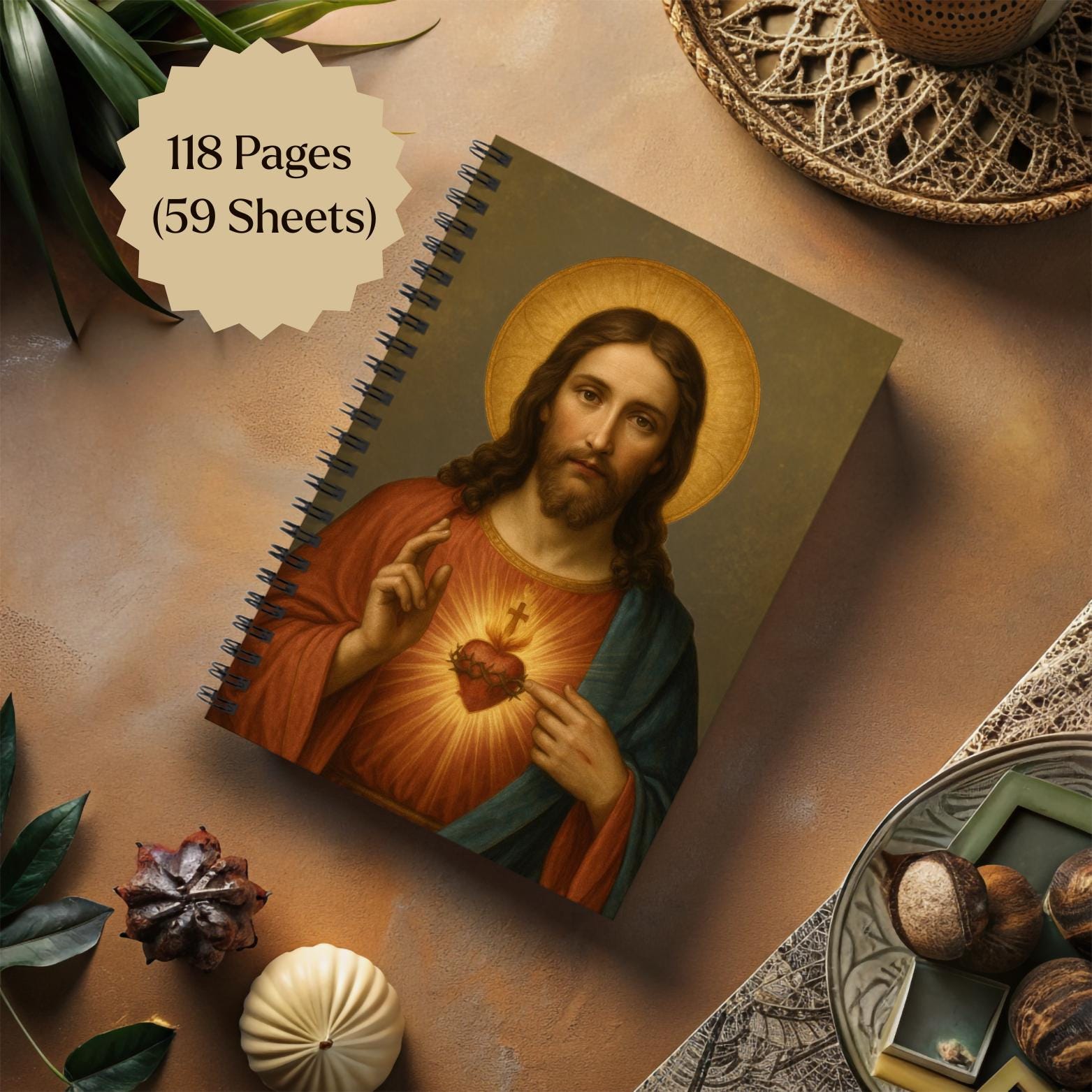 Sacred Heart of Jesus journal with religious artwork cover by St. Augustine Prints, featuring intricate design and spiritual imagery.