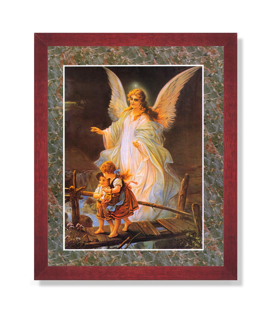 Guardian Angel Watching Over Children #2 Religious Art Print with Decorative Border 16x20 Cherry Frame + Glass - Journeys of Faith