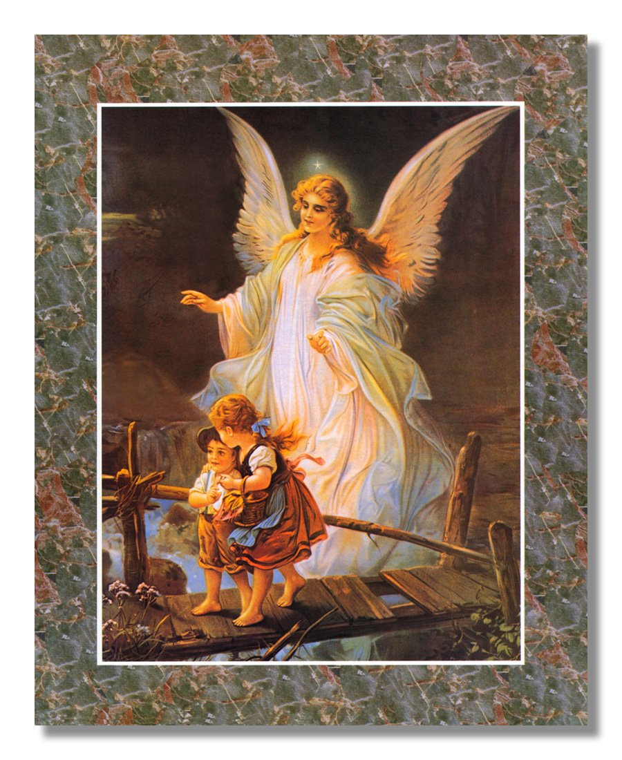 Guardian Angel Watching Over Children #2 Religious Art Print with Decorative Border 16x20 Cherry Frame + Glass - Journeys of Faith