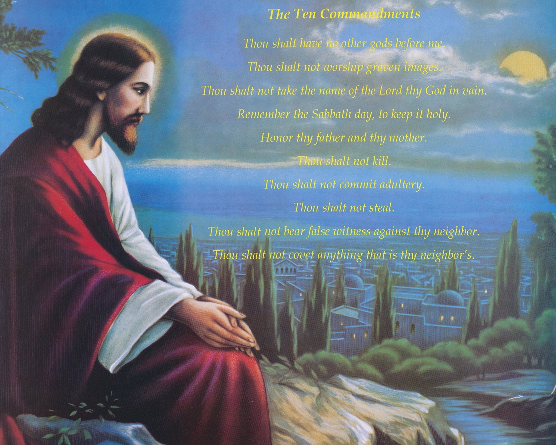 The Ten Commandments with Jesus Praying in Red Robe Religious Wall Poster Art Print 16x20" - Journeys of Faith