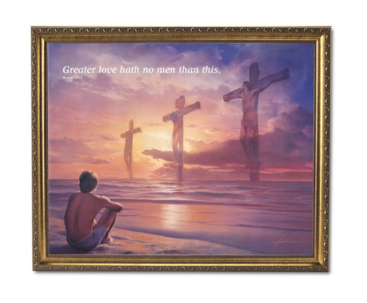 Jesus On Cross Greater Love John 15:13 Religious Picture Gold Framed Art Print 16x20" - Journeys of Faith
