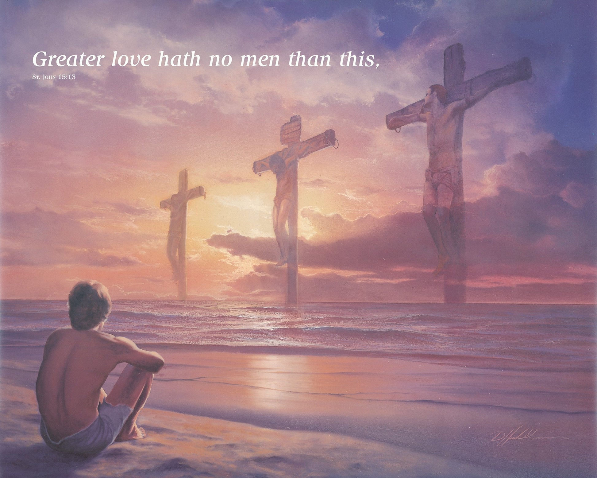 Jesus On Cross Greater Love John 15:13 Religious Picture Gold Framed Art Print 16x20" - Journeys of Faith