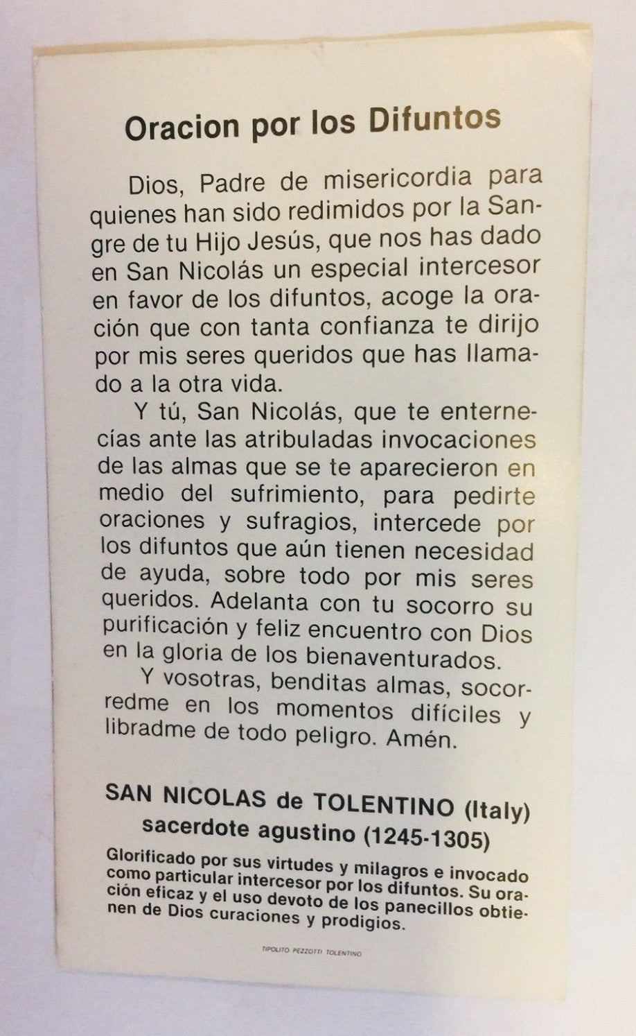 San Nicolás de Tolentino, Oración por los Difuntos, Estampita en Español, Nueva - Journeys of Faith