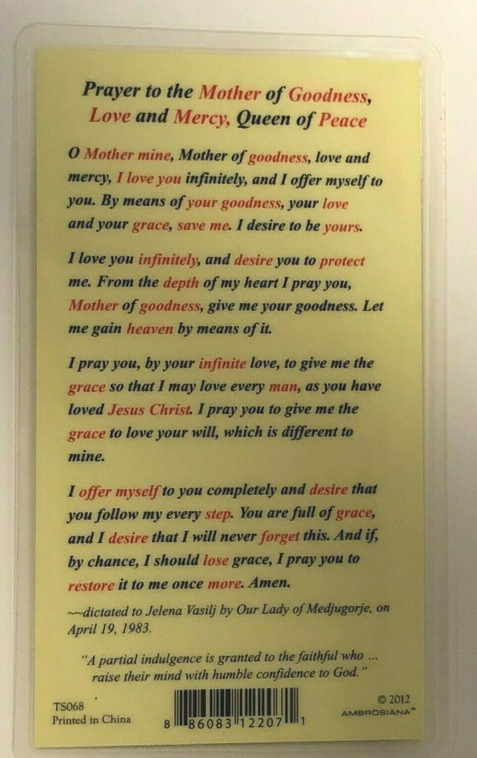 Prayer to Mother of Goodness, Love & Mercy /Our Lady of Medjugorje, New #PCL-41 - Journeys of Faith