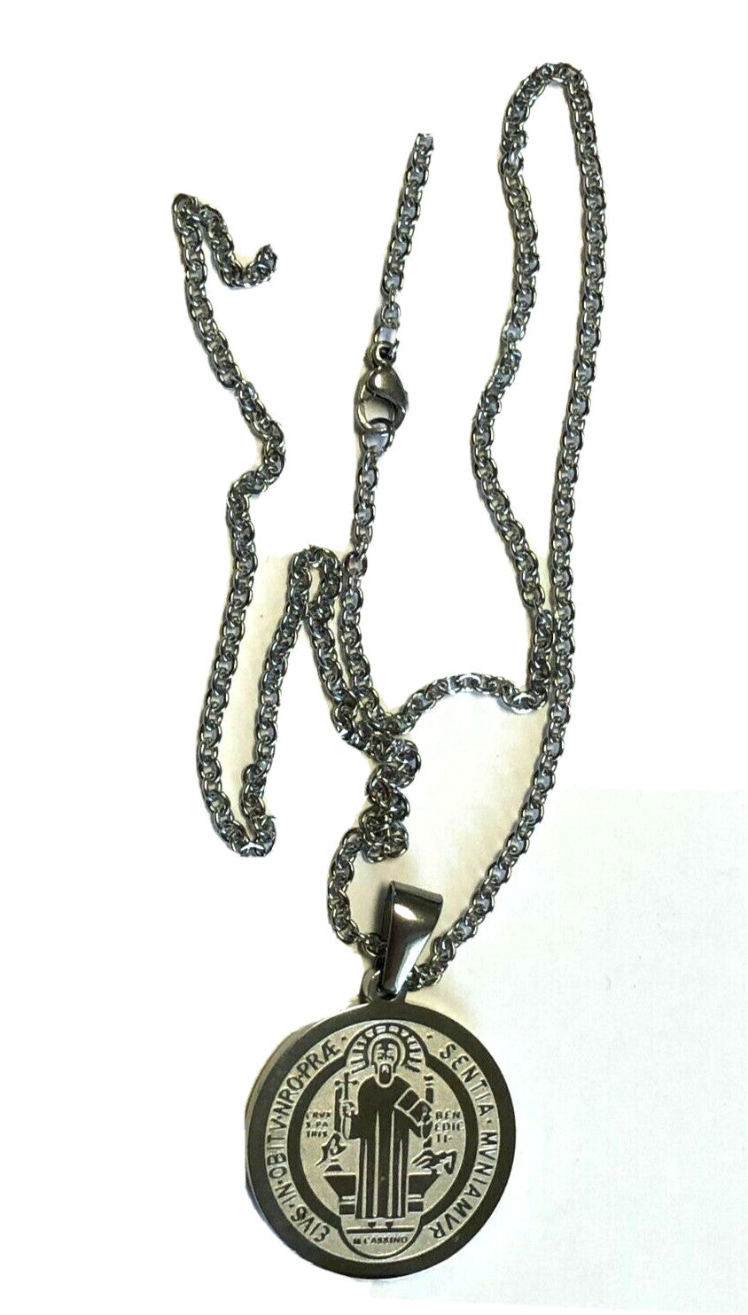 Saint Benedict Laser Engraved Image Silver  Pendant, New - Journeys of Faith