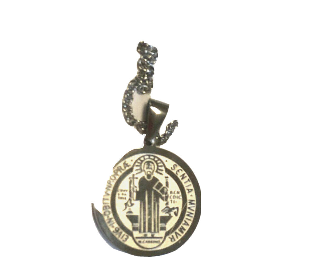 Saint Benedict Laser Engraved Image Silver  Pendant, New - Journeys of Faith